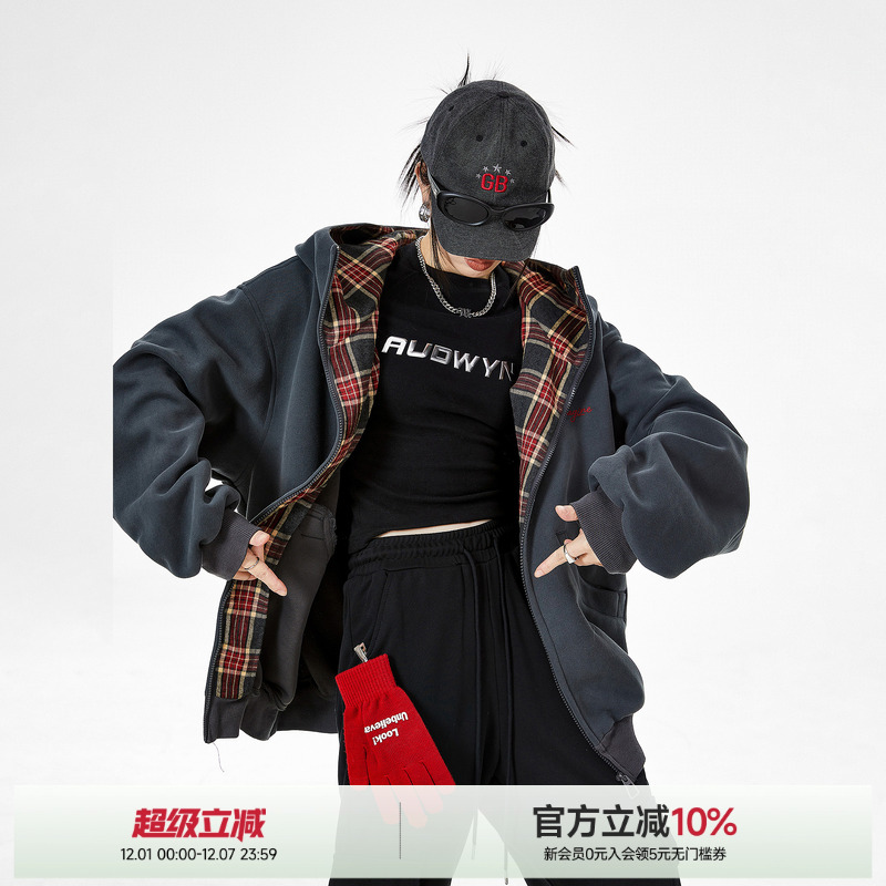 ICH MODE【明星同款】格纹拼接设计感美式复古卫衣慵懒风质感外套