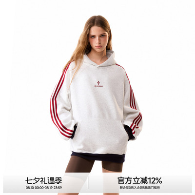 美式三条杠撞色连帽卫衣女