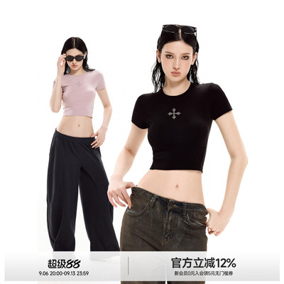 美式十字印花短款修身T恤女夏