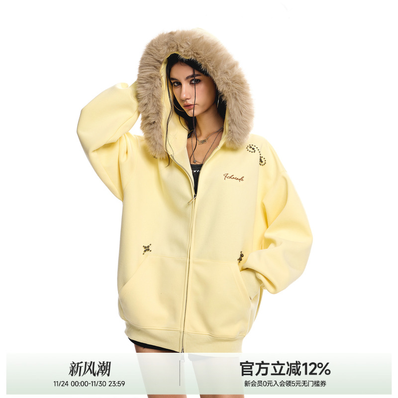 ICH MODE十字架美式高街连帽毛领外套女廓形高街潮酷秋季卫衣开衫