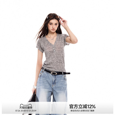 亚麻V领针织短袖T恤女夏