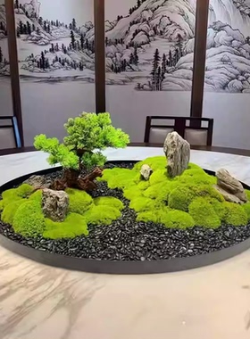 圆桌转盘中间摆件餐桌摆花永生苔藓装饰高端轻奢餐厅酒店桌花绿植
