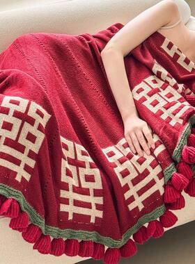 囍字手工针织EJS玫瑰花束毯设子结婚订婚礼毯送披肩毯休闲计感盖