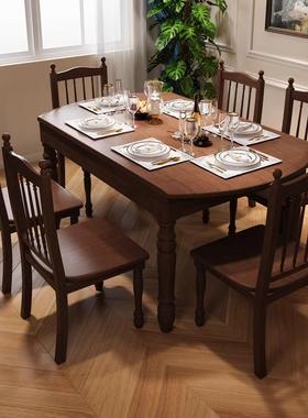 美式古实木圆餐桌可用伸缩折复叠方圆两用吃饭歺oj2399#桌法式木