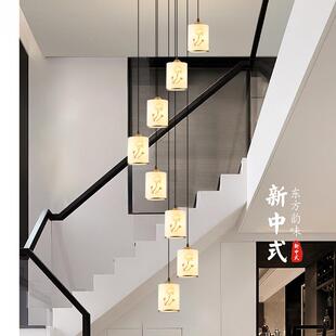 新中式复式吊灯旋转l948oft公别墅厅客中空挑楼高楼梯长寓线餐吊