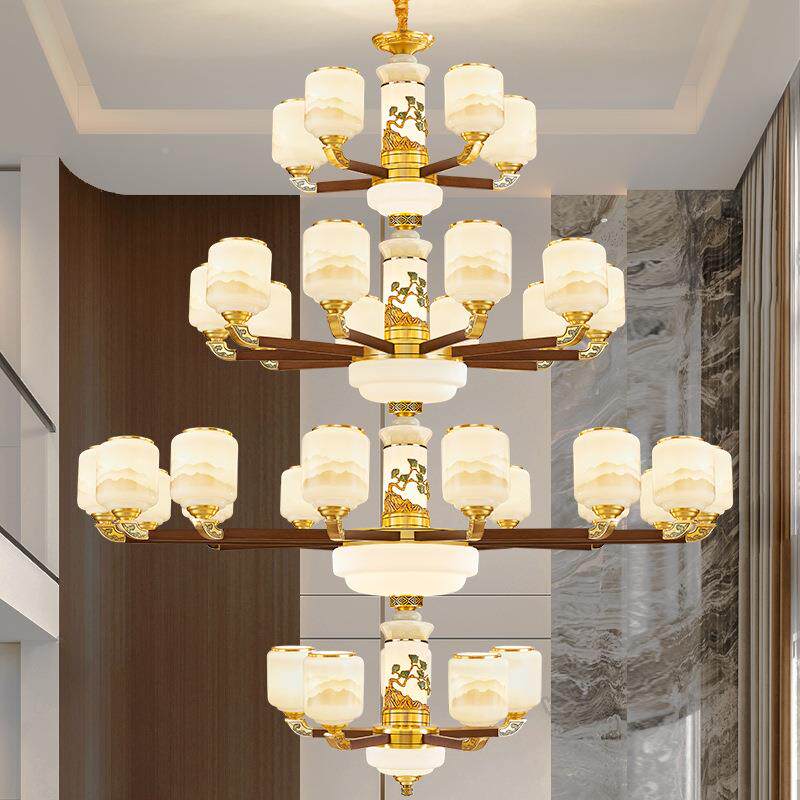 全铜2234新中式复式楼客厅墅大别房吊灯自建层楼中楼挑多高跃层大