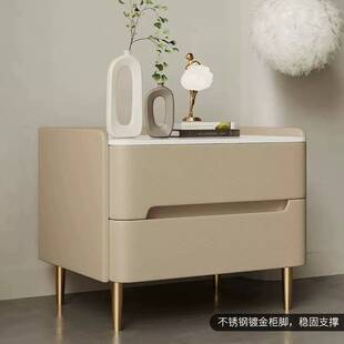 新皮制小户型收纳柜实木床头柜轻奢岩板储物柜卧室简约现代床边柜