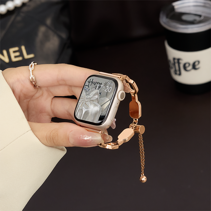 适用于iwatchs10苹果手表表带applewatchS9代金属S8小香风SE气质腕带Ultra2/1高级感细钻41/45mm个性创意女款