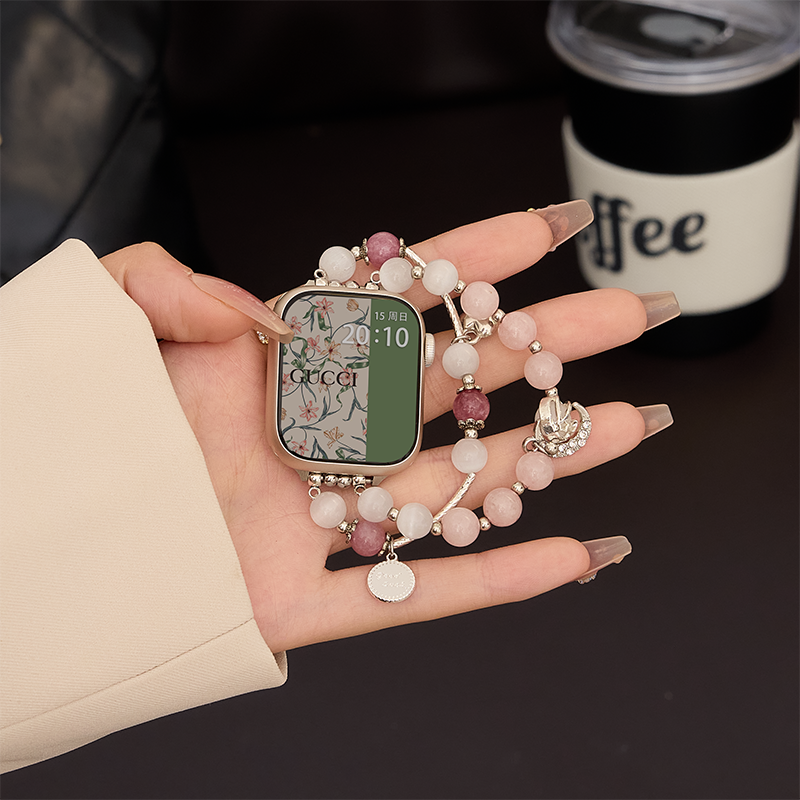 适用iwatch苹果手表表带applewatch猫眼石串珠S10夏季小香风弹力手链S9女款S8/S7代金属se高级感个性水晶腕带