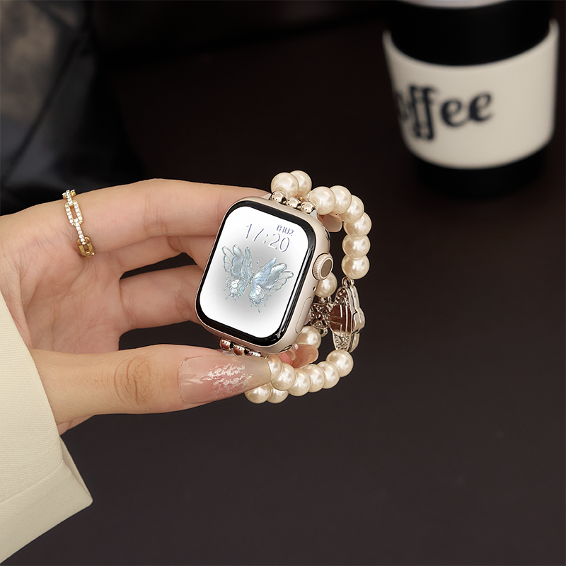适用于iwatch苹果手表表带applewatch珍珠碎钻土星手链S10夏季小香风弹力表链S9女款S8/S7代高级感se个性腕带