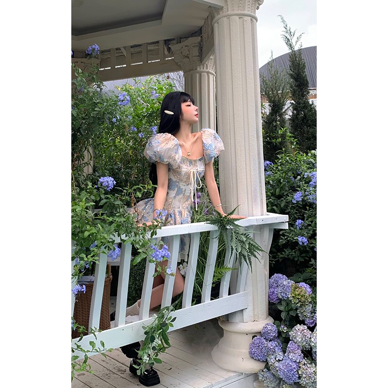 芭比姨早秋泡泡袖连o衣裙女高级感拼接花边法式初恋仙女茶歇a字裙