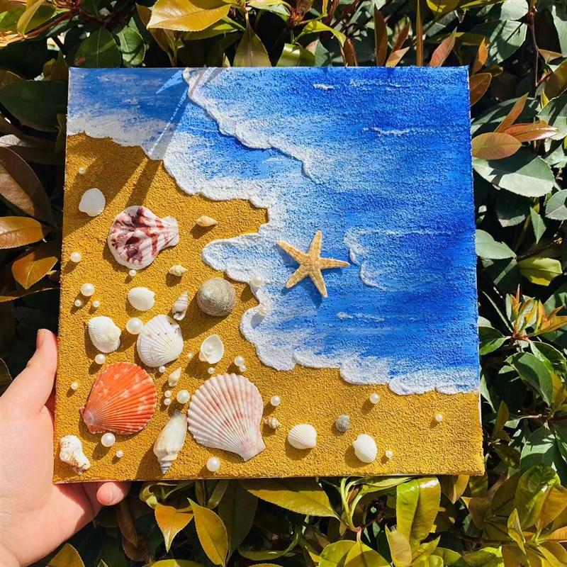 海浪沙滩贝壳diy肌理画材料手工填充丙烯立体3d石英砂暖场装饰画图片