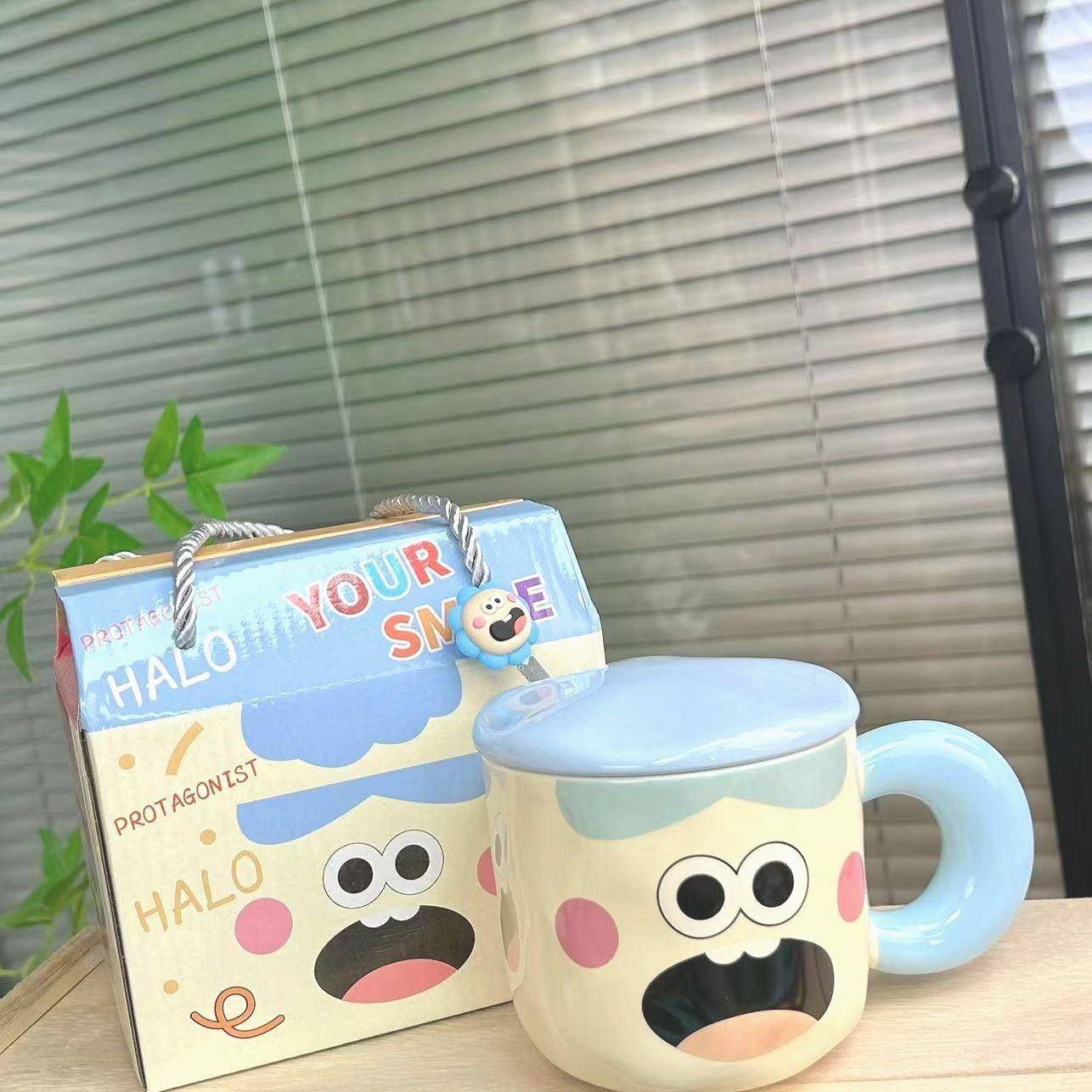 niss网红搞怪可爱杯子小丑萌呆陶瓷杯卡通咖啡带盖吸管儿童小礼品