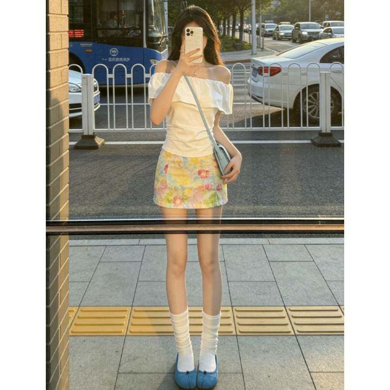 法式独特绝美小套装女夏季一字领衬衫上衣碎花半身裙甜辣chic套装
