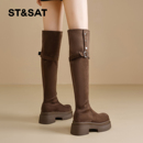 星期六长筒靴女2025冬季新款女靴女款靴子过膝长靴粗跟翻折骑士靴