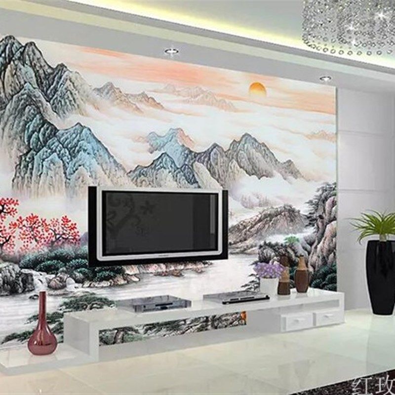 国画山水风景画手绘时尚电视背景墙客厅无纺布墙纸D002壁画壁纸,家装主材,定制壁画,淘宝优惠券,粉丝福利购,淘宝优惠卷