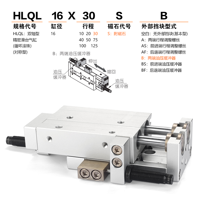 亚德客气动对称型小型双轴精密滑r台气缸HLQL16X20*30*50*75*100-