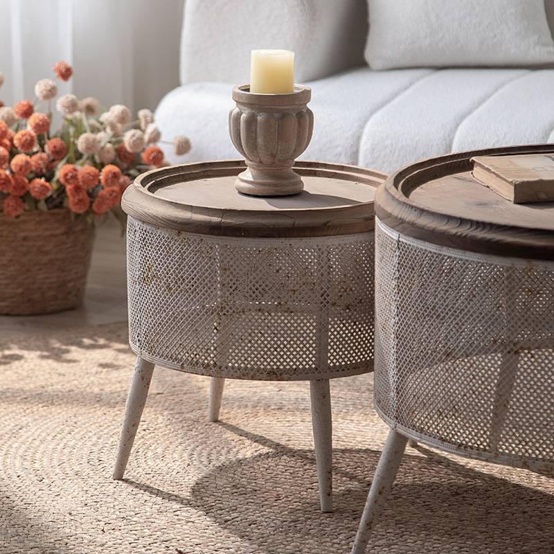 美式乡村复古茶几客厅装饰做旧边几小户型圆形桌子铁艺镂空小茶几