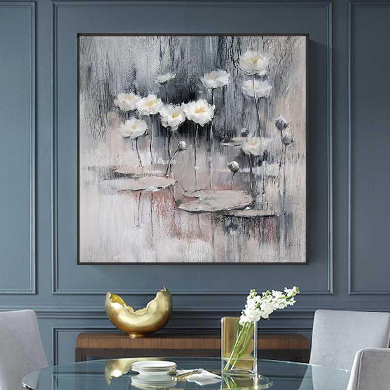 油画手绘莫奈睡莲荷花现代黑白客厅沙发背景墙装饰画餐厅玄关挂画图片