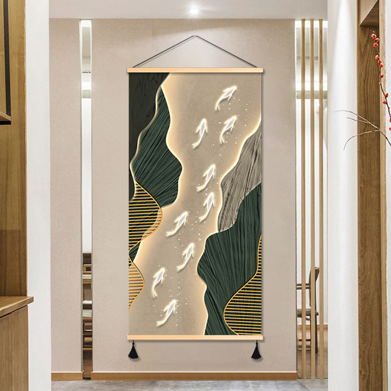 轻奢玄关九鱼图大气现代装饰画走廊挂画布艺免打孔壁画挂布背景布图片