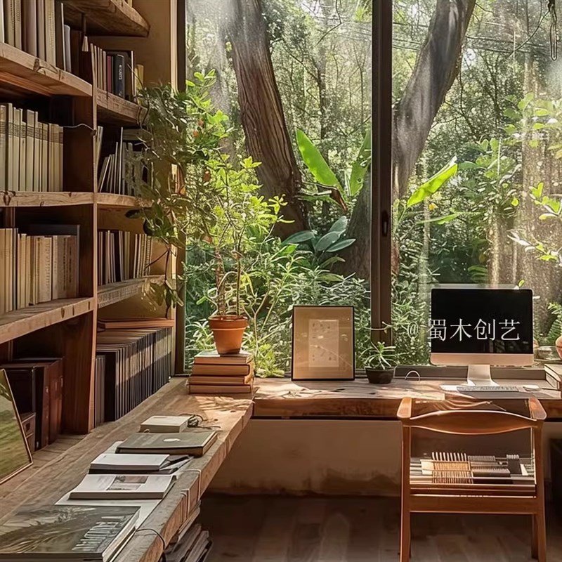 蜀木创艺满墙书架定制转角书桌柜子书架定制一连体实木学公桌