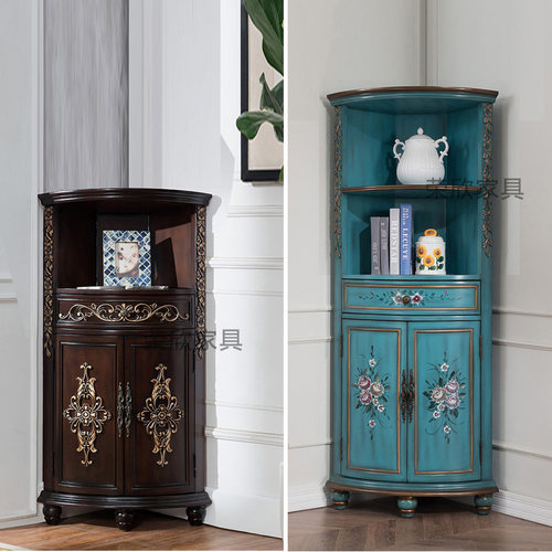 欧式实木墙角柜三角形角柜美式彩绘转角柜雕花子置物架客厅三角柜