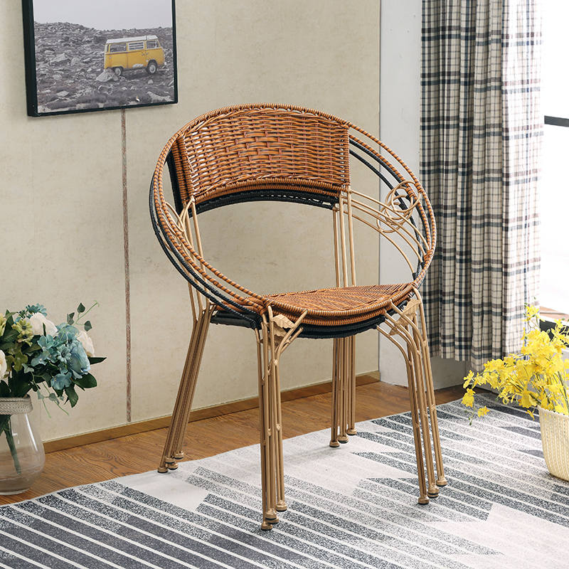 家用小藤椅藤编椅子单人阳台庭院坐椅钢筋腾椅靠背塑料编织铁简约