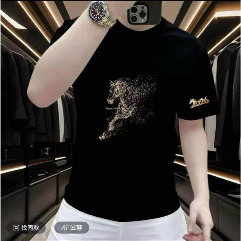贝才新服饰百货马年爆款新骏马印花短袖T恤男士百搭高级感T恤上衣