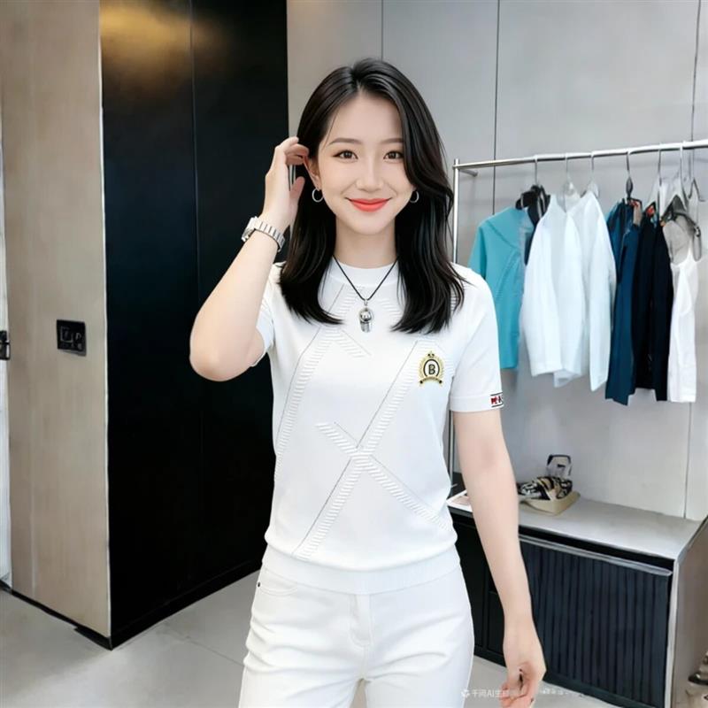 红玲珑服饰1时尚男士修身百搭冰丝T恤透气刺绣韩版休闲针织短袖