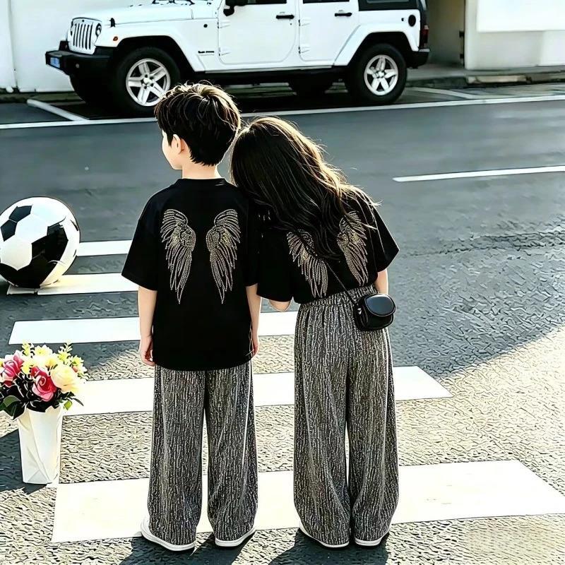 OMI欧米优选219儿童套装天使的翅膀夏新款烫钻短袖T恤闪闪长短裤