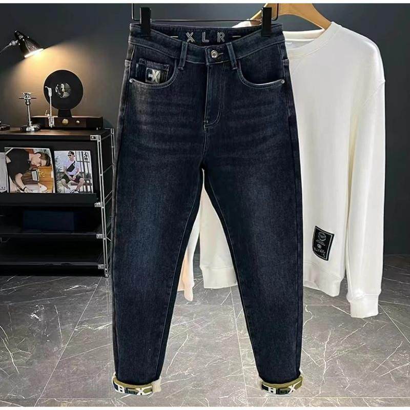 芙曼精选冬季加绒男直筒潮流牛仔裤男裤休闲韩版弹力修身时尚刺绣
