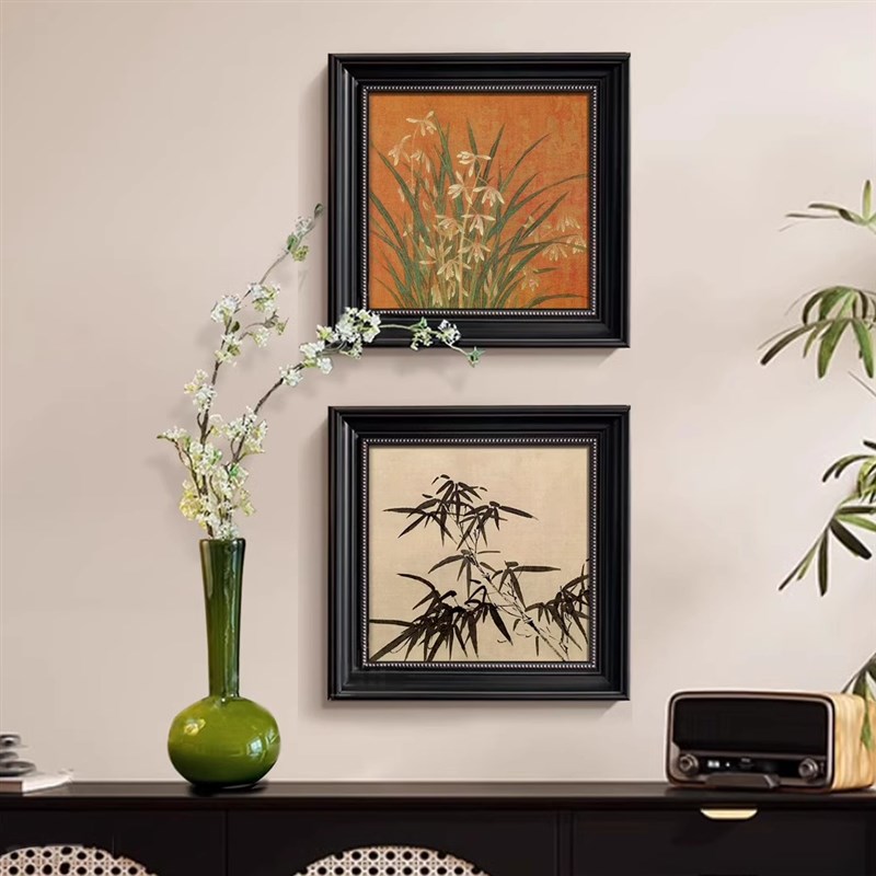 中古风竹子兰花两联组合装饰画床头玄关复古高级感挂画卧室床头画图片