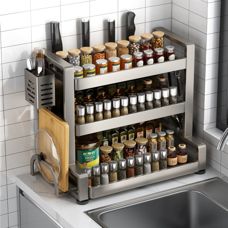 不锈钢厨房调料i品置物架调味瓶盐酱台面多层多功能筷子刀架收纳