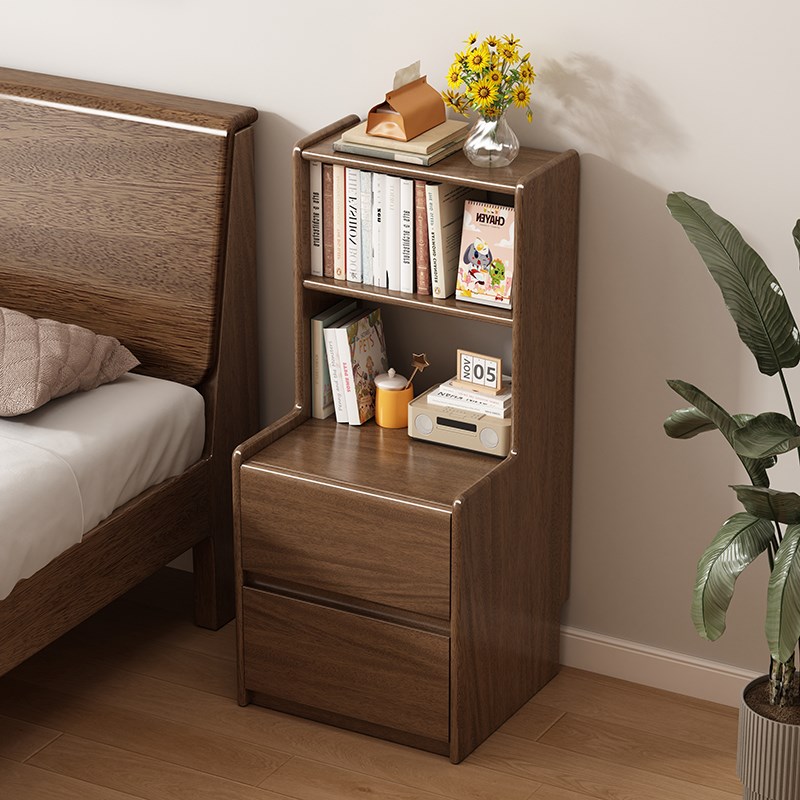 胡桃木全实木床头柜现代简约家用卧室收纳小户型书架一W体25储物