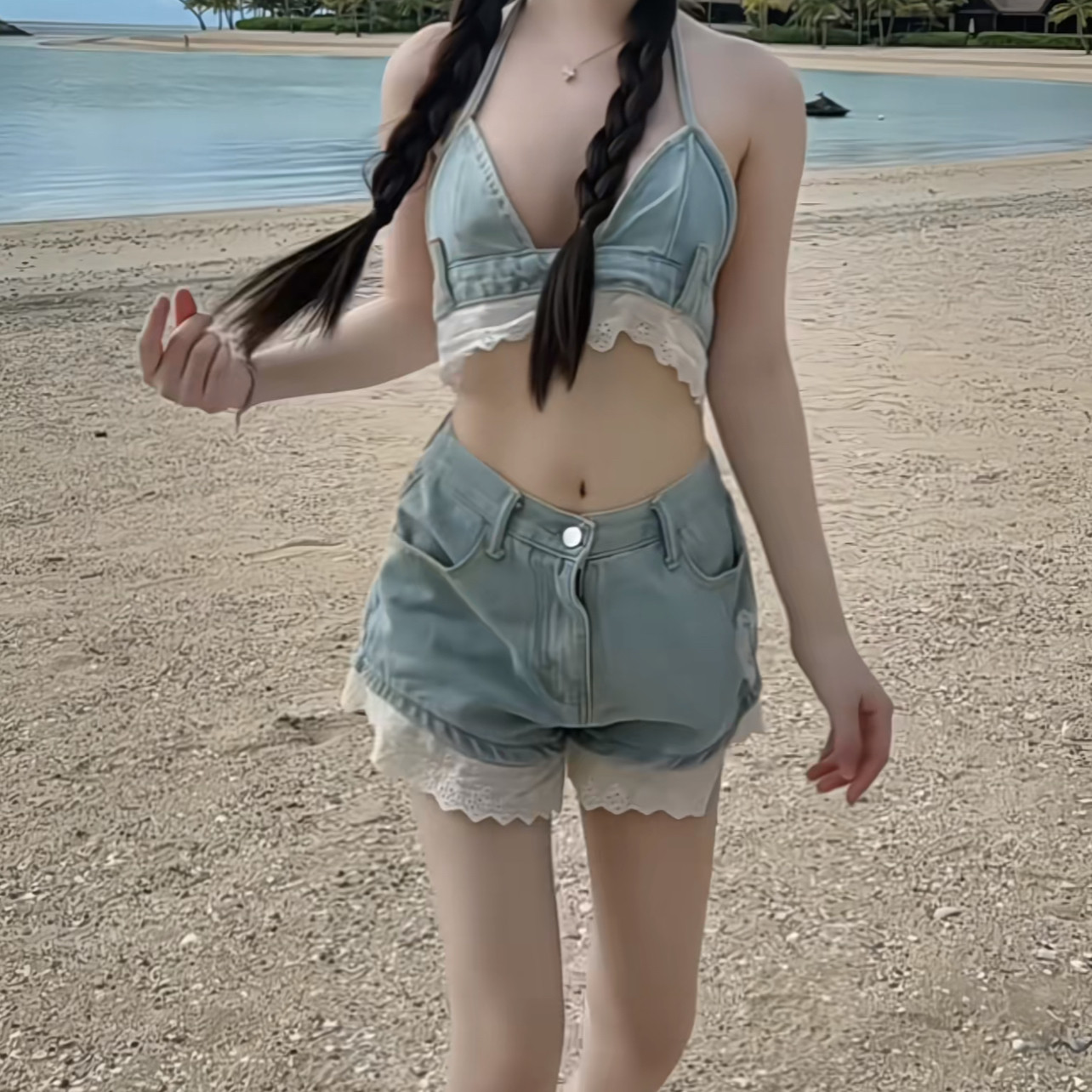 性感两件套辣妹2026沙滩旅游度假海边绑带牛仔吊带背心+短裤套装