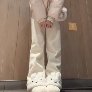 裤子女白色小兔毛绒拼接灯芯绒新款2025微喇休闲裤冬季可爱长裤