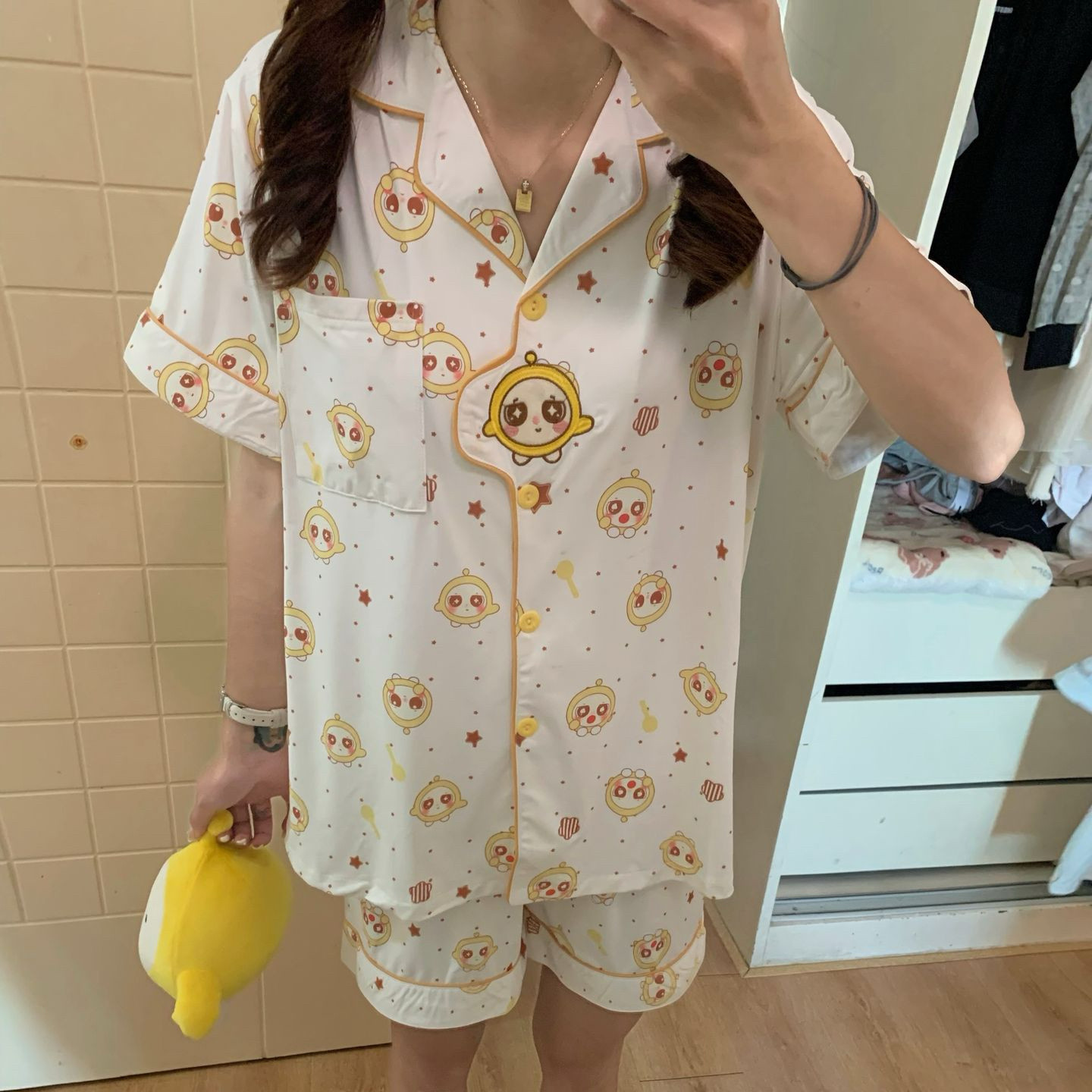 翻领卡通短袖短裤可外穿家居服套装黄色卡通2026夏季新款睡衣女