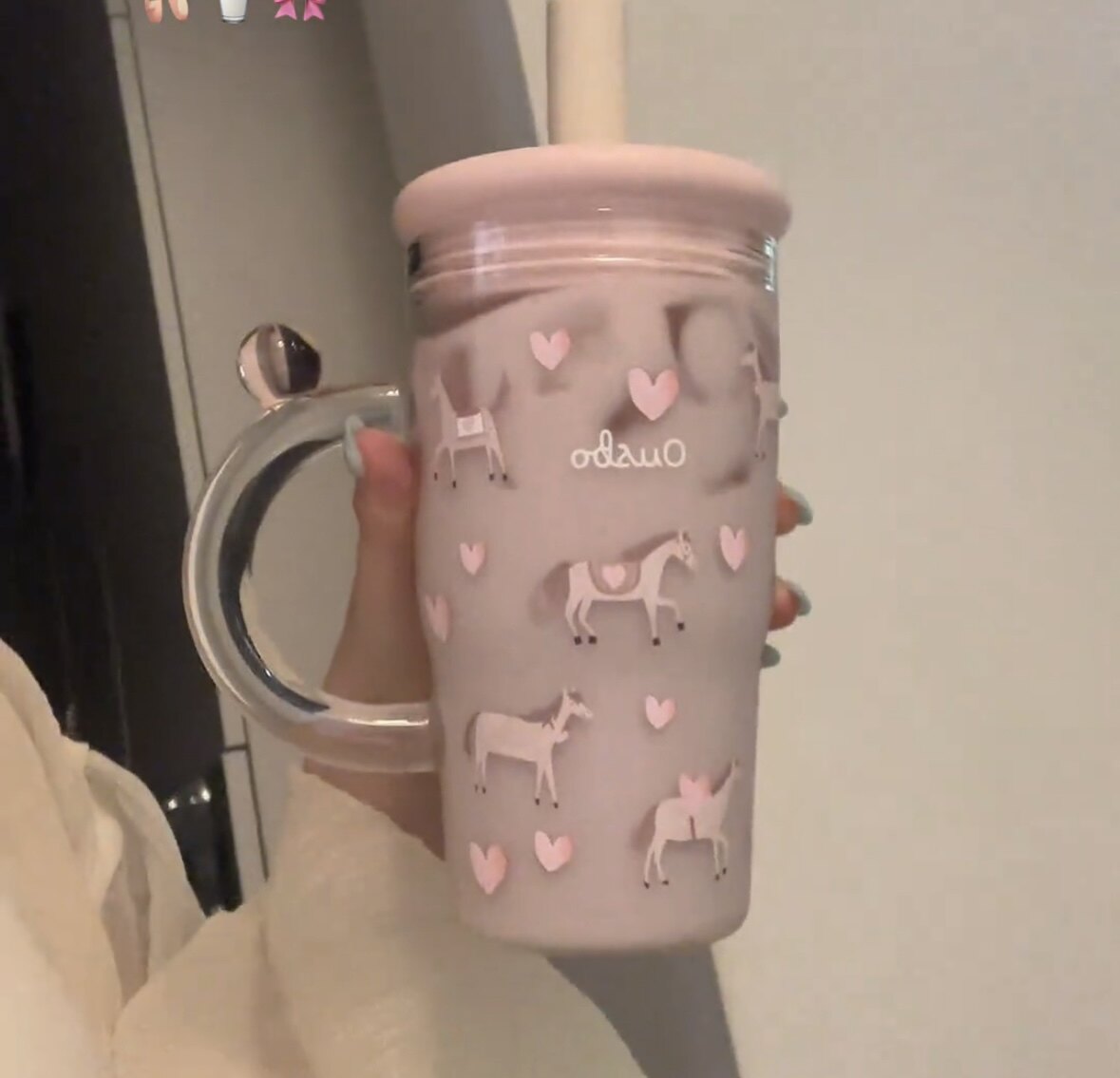 新品花花玻璃杯女生高颜值吸管可倒置不漏水杯桌面杯大容量密封