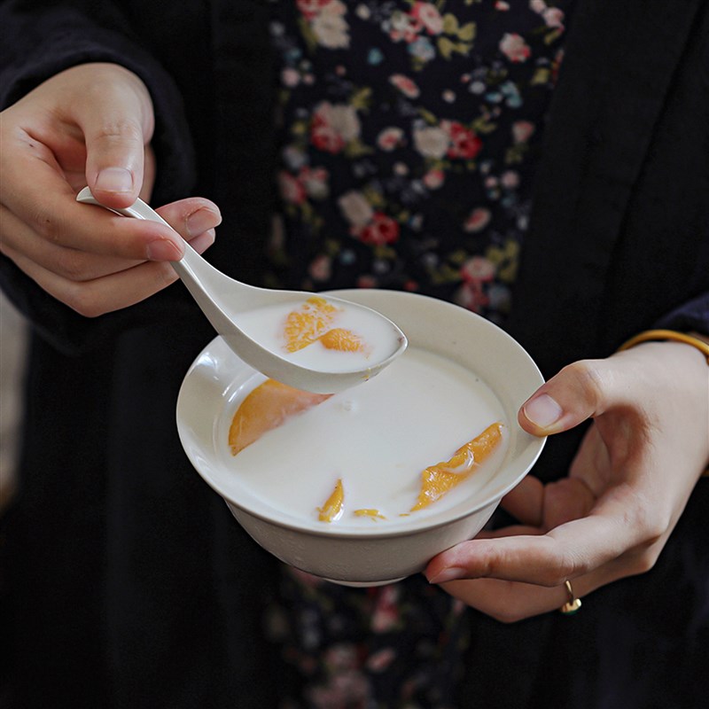 曼叙陶瓷小勺子家用喝汤勺子陶瓷汤匙高颜值简约平底汤勺调羹餐具