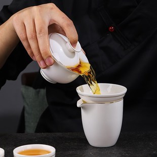 家用盖碗茶杯陶瓷办公室客厅会客 德化羊脂玉高端白瓷茶具套装