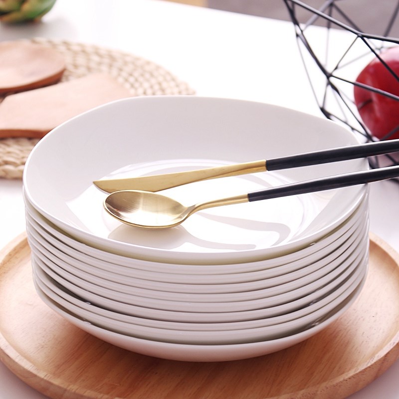 盘子10只装菜汤盘套装家用陶瓷烧菜菜盘骨瓷深口白色深盘菜碟碟子