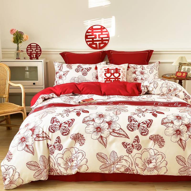 用面用浪漫lo双ve婚房四件套结婚大红F76799T7色喜被方陪嫁女新婚