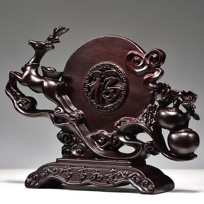 黑檀木梅花鹿件鹿载EWR摆柿子事实事如意家居客厅摆设开业送工礼