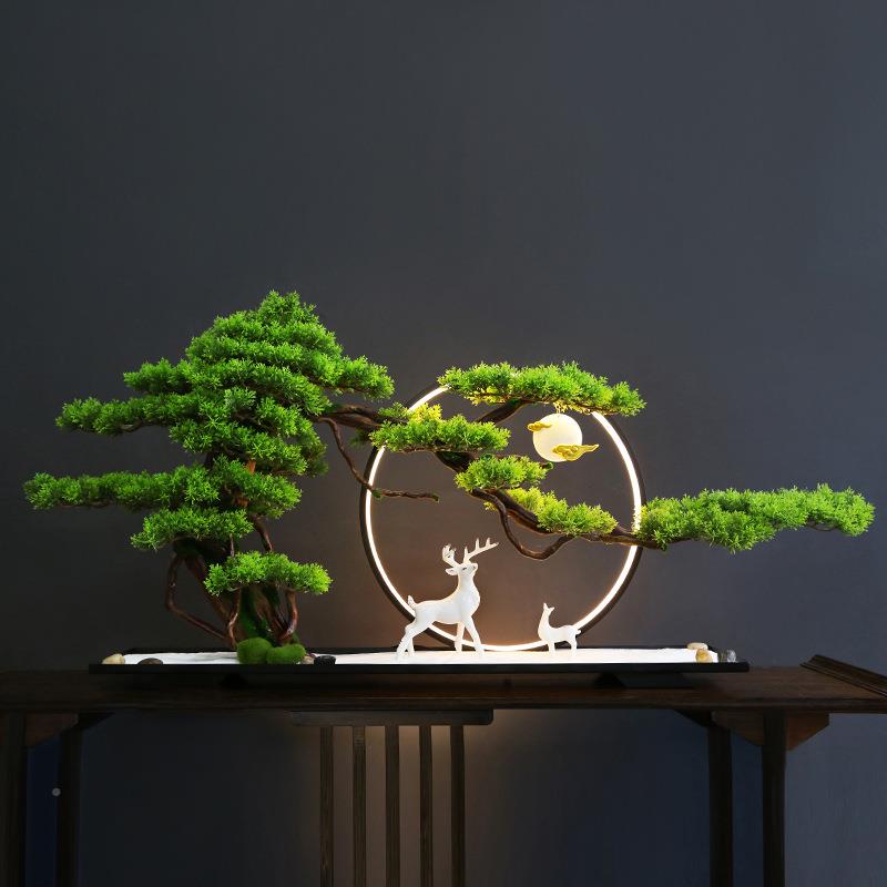 摆新中式仿真迎客HHR松盆景办公室件绿玄植关装饰样品板间酒店微