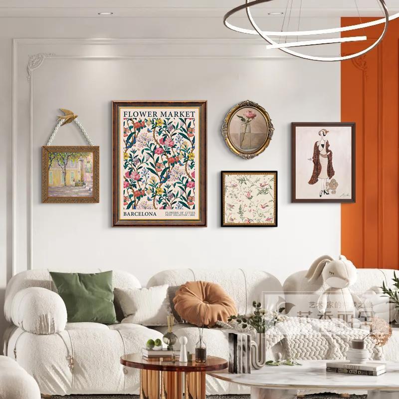 美式厅田园式客过装NPE饰画法奶油风挂画餐厅复古壁画卧室道花卉