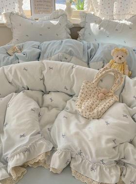 公PIK单主风蝴蝶结蕾丝花边床裙四件套层双纱水洗棉件床床笠被套