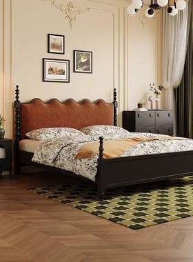 床中古风小YZ-306实木床现代简约1法.8M双人床复古式床软包主卧户