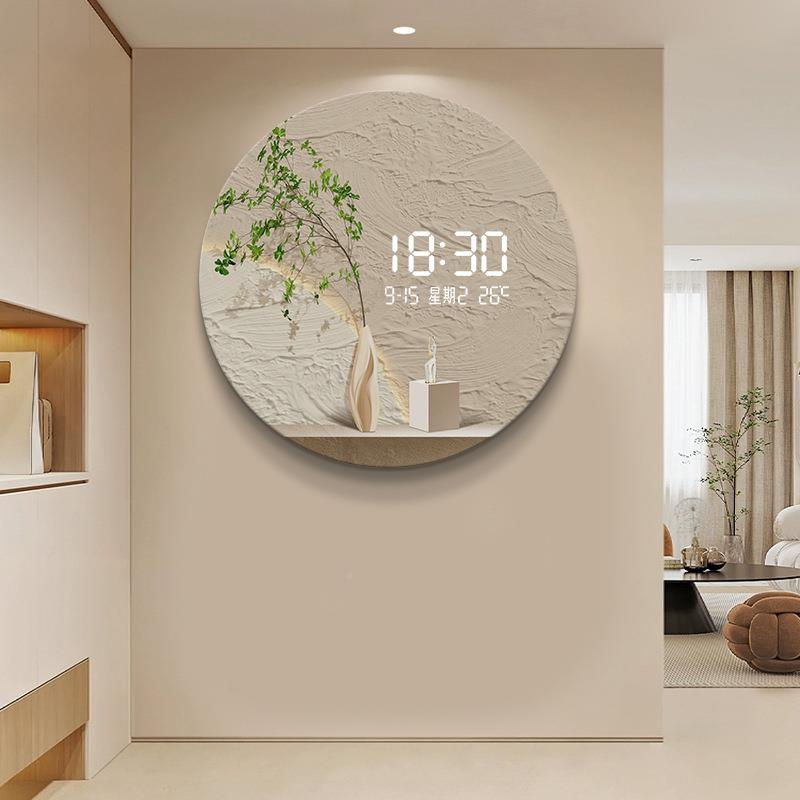 光圆形绿植夜电子钟表挂钟客厅餐厅装饰画创LED光灯表意挂墙XY记