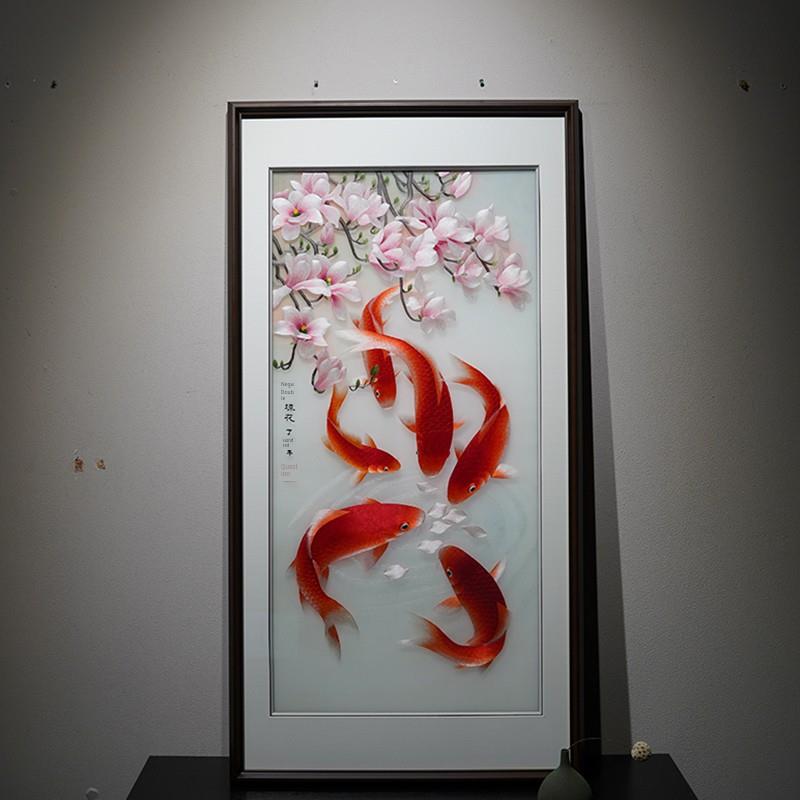 新中国风手工苏绣装饰画客厅书房卧室走廊过道入口鱼玩琼花袋挂画