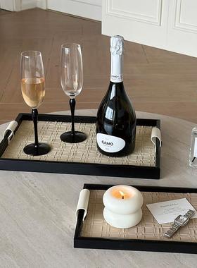 实木长方形桌面首饰摆件钥匙客厅玄关收纳盒轻奢皮革托盘家用摆设